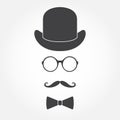 Glasses, hat, mustache and bowtie. Old fashioned gentleman accessories icon set. Vintage or hipster style. Vector illustration.